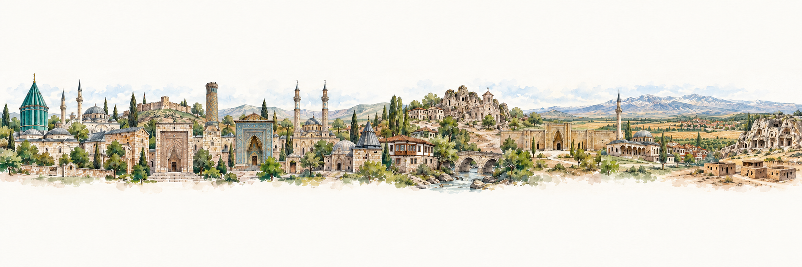 Konya’nın tarihî yapıları, Meram bağları ve Konya ovasından suluboya panorama